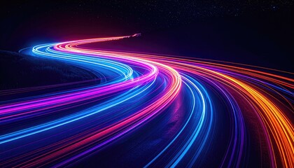 Illuminated trails in dark space, curved path with vibrant blue, purple, and orange colors