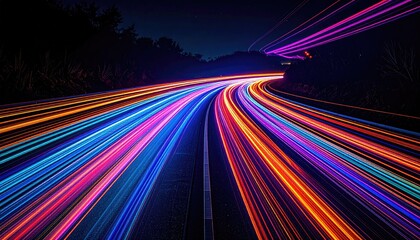 Long exposure captures vibrant streaks of light on a curving asphalt highway at night