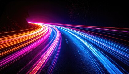 Long exposure shot of a curving road with colorful light trails at night