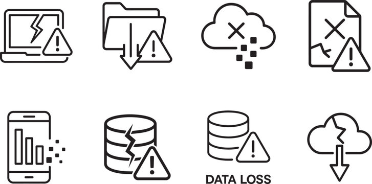   Data loss outline icon set for web UI. Minimal vector logos for security, backup, error, and cloud warning.