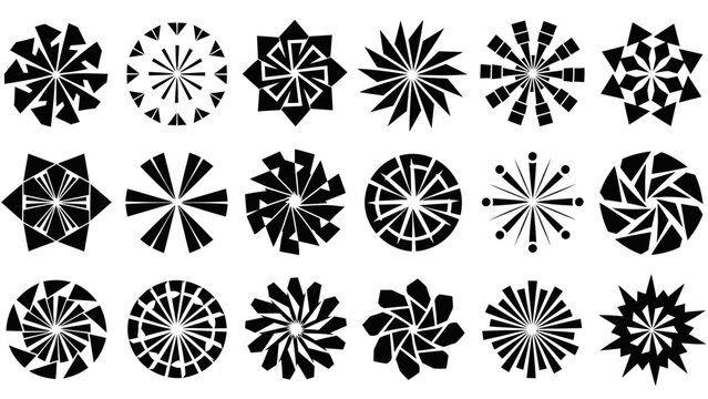 Collection of various black and white abstract geometric shapes, patterns, and symbols, perfect for design elements.