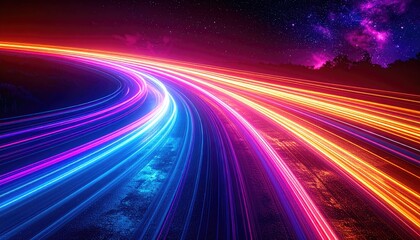 Neon light trails curve across the black expanse of road in a vivid, vibrant illustration