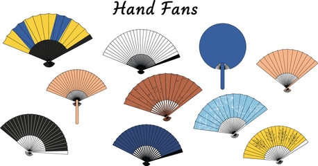 Hand Fan Illustration Set Featuring Traditional Folding Fans and Round Paddle Fans with Decorative Patterns for Summer Cooling and Cultural Design Concepts