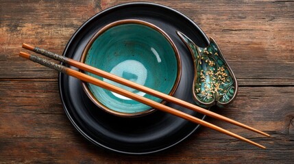 Set against a rustic wooden surface, a delicate blue bowl holds an artistic charm, complemented by wooden chopsticks and a small green dish, creating a serene dining scene