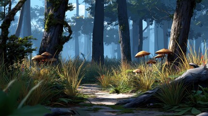 Forest clearing with soft grasses and mushrooms in 2d background environment