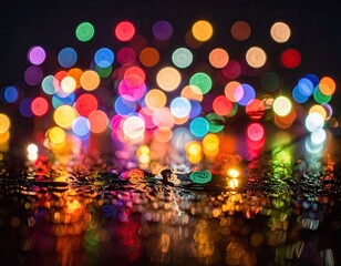Defocused colorful lights shine on a wet surface with vibrant reflections against a dark background