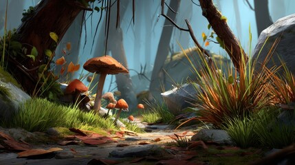 2d forest clearing background with soft grasses mushrooms and bushes