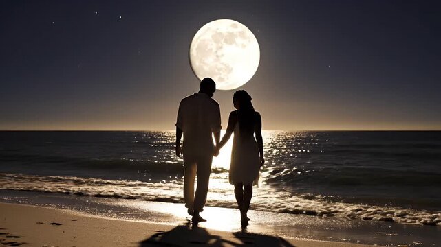 Couple Holding Hands and Walking Along the Beach Under a Full Moon at Night