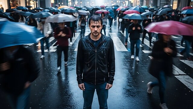 Man Standing Alone in Rainy Crowded City Street with Umbrellas