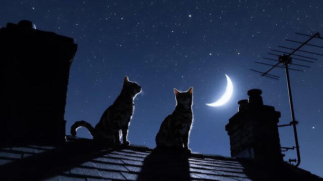 Two cats sitting on a rooftop gazing at the crescent moon in the night sky