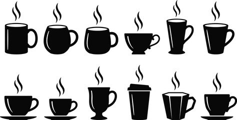Hot coffee cup illustration set, steaming mug and tea cup black silhouette icons, beverage drink vector collection