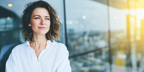 Plakat Young professional woman thinking, looking out office window with city view, contemplating future and business goals