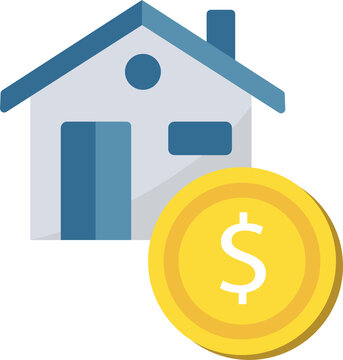 Home purchase financing concept featuring house illustration alongside golden coin with dollar sign.