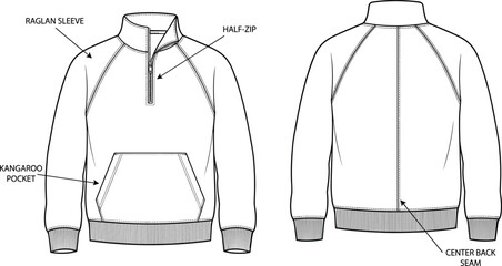 Raglan half-zip pullover illustration, front and back technical flat sketch with kangaroo pocket, ribbed hem and collar, athletic casual apparel vector © Sophia Creatives