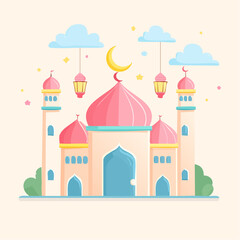 Beautiful illustration of a mosque under a crescent moon, with lanterns and clouds, symbolizing Islamic culture and faith