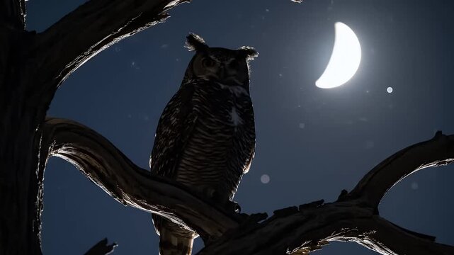 An owl perched on a twisted tree branch under the moonlight at night