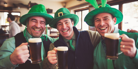 Three men celebrating St. Patrick's Day, smiling and cheering with green hats and stout beer mugs in a pub