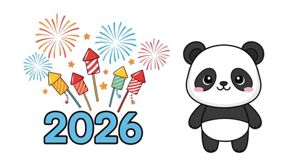 Cute panda celebrates 2026 with colorful fireworks and rockets display