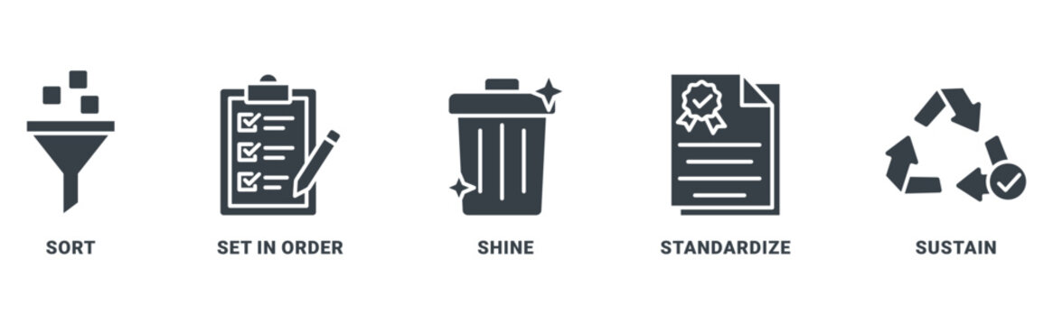 5S banner icon set vector concept with icon of sort, set in order, shine, standardize, and sustain 
