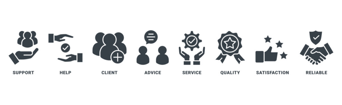 Customer care icon set vector concept with icon of help, client, advice, chat, service, reliability, quality, and satisfaction 
