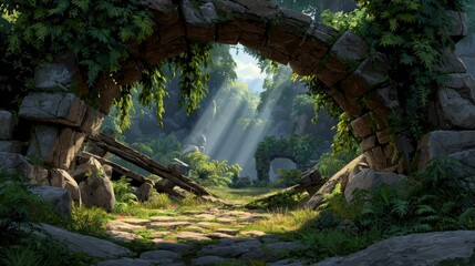 Exploring jungle ruins 2d background of vine-wrapped stone archway