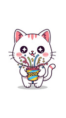 A cute white cat celebrates New Year 2026 with colorful fireworks