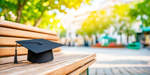 Graduation cap sitting on a park bench on a sunny day, representing the end of studies and new beginnings