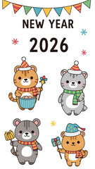 Cute cartoon animals celebrate New Year 2026 with festive hats and decorations