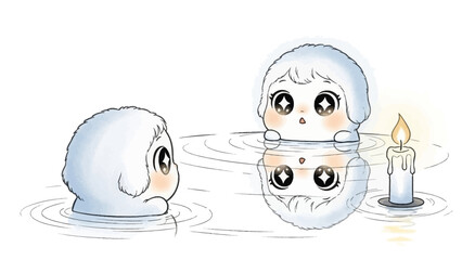 Two cartoon characters float in water with a candle nearby 