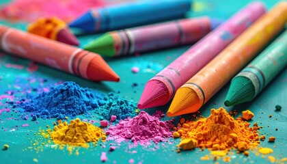 Close-up of colorful crayons and vibrant powdered pigment on a turquoise surface