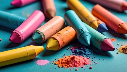 Close-up of colorful wax sticks with powdered pigment on a vibrant turquoise surface