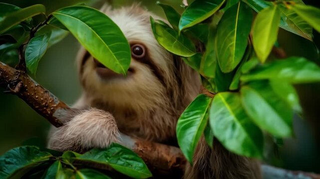 Close up of a smiling sloth in lush green foliage daytime outdoor shot