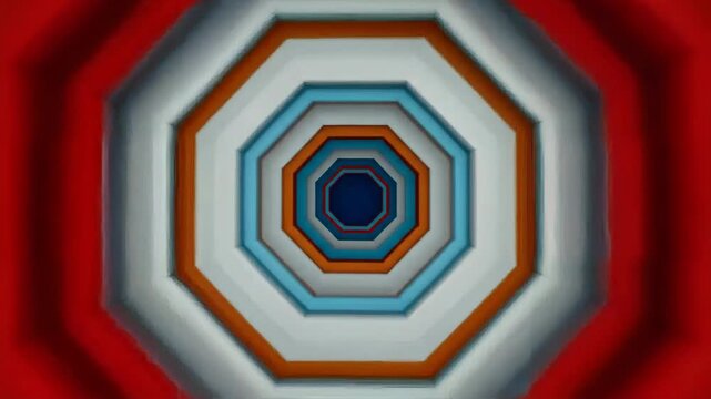 Abstract geometric tunnel with decreasing octagon shapes in cool blue and red tones.