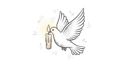 A white dove flies with a lit candle in its beak surrounded by leaves.