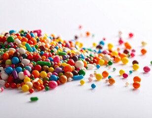 Colorful assortment of sprinkles scattered on a white surface, close-up view
