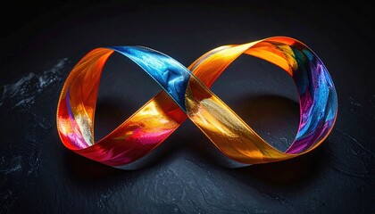 A vibrant, painted infinity symbol with flowing colors against a dark, textured background