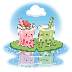 Cute cartoon bubble tea drinks on leaf float in water under sunny sky