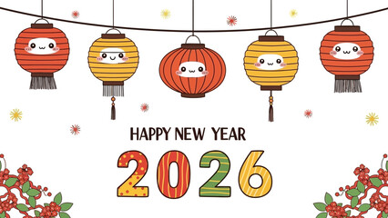 Happy New Year 2026 Celebration with Colorful Lanterns and Floral Decorations