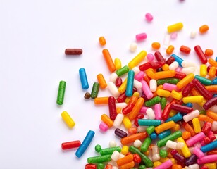 Close-up of colorful, long, cylindrical sprinkles scattered on a plain white surface