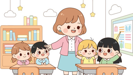 Teacher standing beside students in classroom with desks and books on shelves