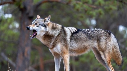 Obraz premium Powerful gray wolf with an open mouth, showing teeth and tongue, standing in a blurred forest environment