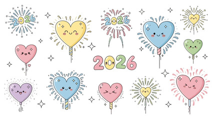 Colorful heart balloons and fireworks celebrate 2026 with smiling faces