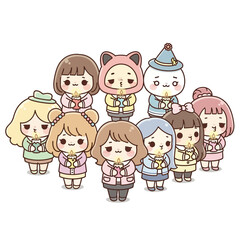 Group of cartoon children holding candles together in various costumes and hats, standing closely.