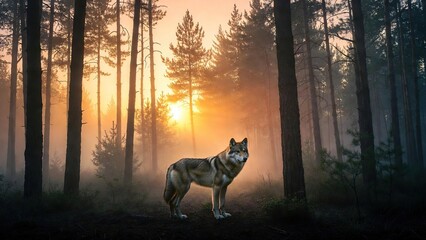 Majestic wolf standing in a mystical foggy pine forest during a golden sunrise