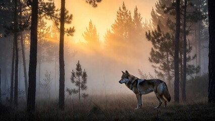 Majestic wolf standing gracefully in a misty pine forest at sunrise with golden light filtering through