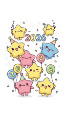 Colorful cartoon stars celebrate 2026 with confetti and balloons happily outside