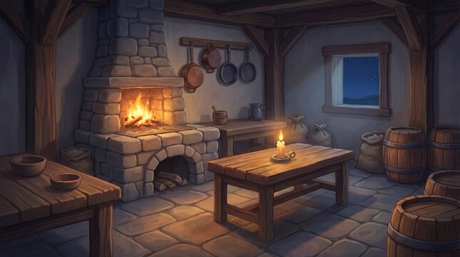 Medieval tavern kitchen interior at night time