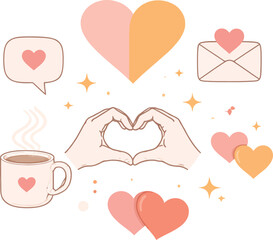 Abstract Love and Wellness Sticker Set with Hearts Hands and Coffee