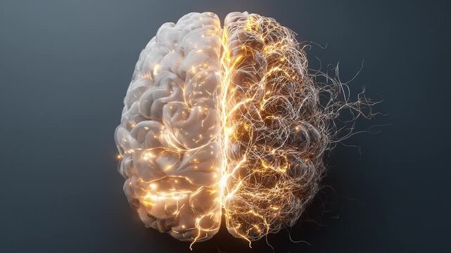 3D rendered human brain split in half: glowing white organic left hemisphere contrasts with fiery yellow neural networks and electric sparks on the right, dark background, symbolizing AI fusion with h