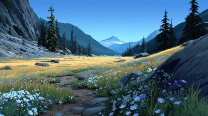 Mountain meadow 2d background with distant peaks and pine silhouettes